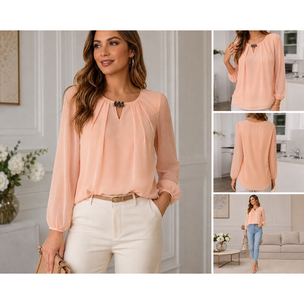 F&F Blouse Womens 12 Peach Chiffon Rhinestone Keyhole Long Sleeve Pleated Top